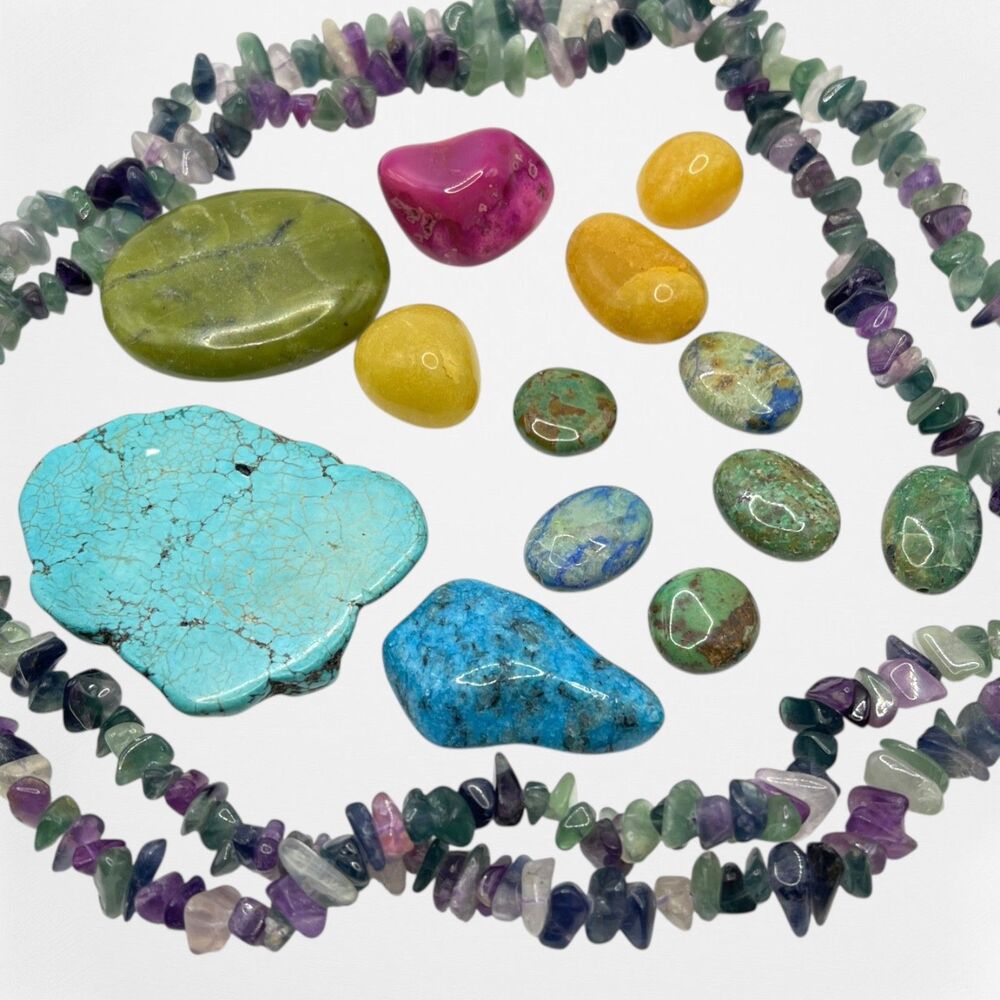 Mixed Lot Gemstone Beads Rocks Jewelry Crafting Fluorite Chrysocolla Granite Etc